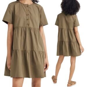 Madewell Tiered Button Front Mini Dress Short Sleeve A Line Swing Olive Green XS
